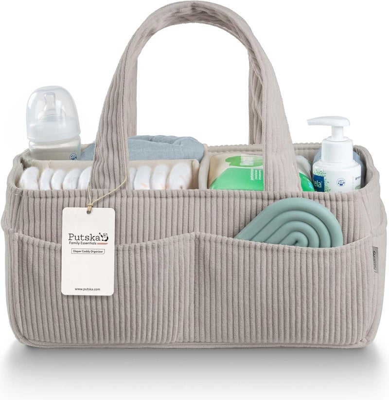 Putska Baby Diaper Caddy Organizer for Changing Table – Stylish Nursery Storage Basket, Newborn Essentials, Baby Shower Gifts and Registry Must-Haves for Boy or Girl, Car Diaper Caddy, Corduroy Grey - Image 1